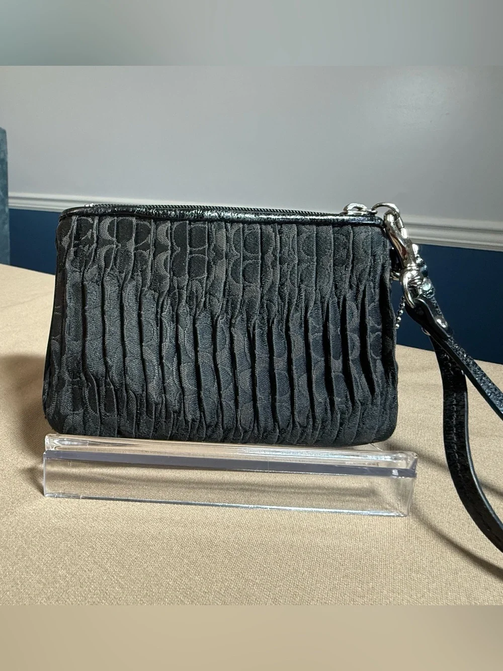 Coach Black Gathered Fabric Small Wristlet with Patent Trim